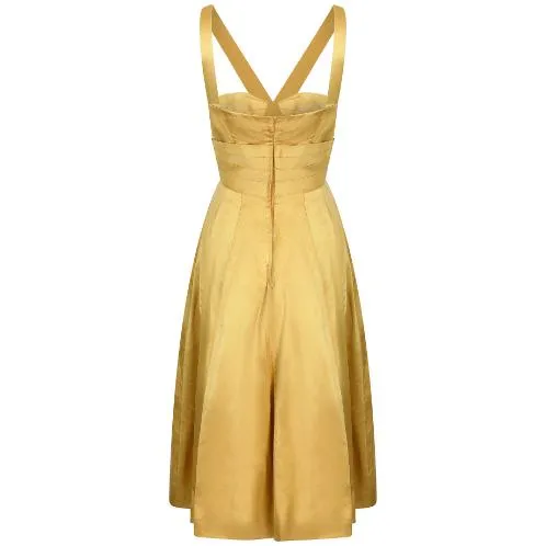 1950s Gold Pleated Bodice Silk Cocktail Dress with Bow Detail