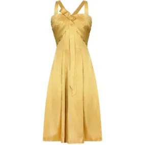 1950s Gold Pleated Bodice Silk Cocktail Dress with Bow Detail