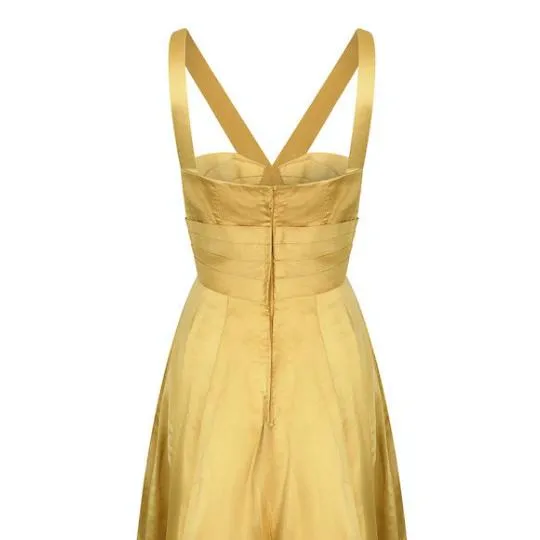 1950s Gold Pleated Bodice Silk Cocktail Dress with Bow Detail