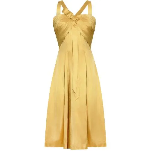 1950s Gold Pleated Bodice Silk Cocktail Dress with Bow Detail