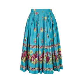 1950s Turquoise Box Pleat Floral Print Skirt