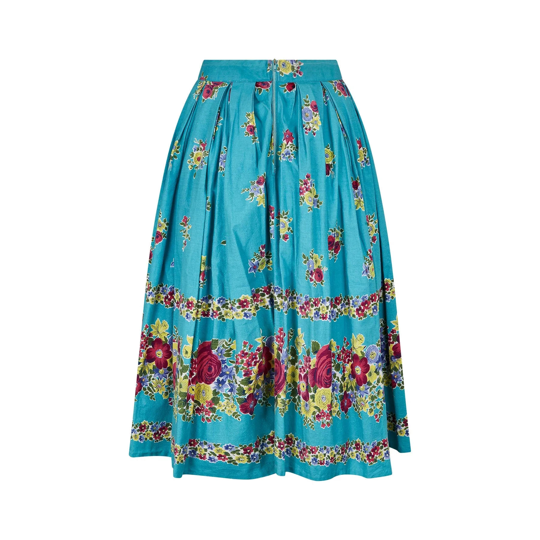 1950s Turquoise Box Pleat Floral Print Skirt