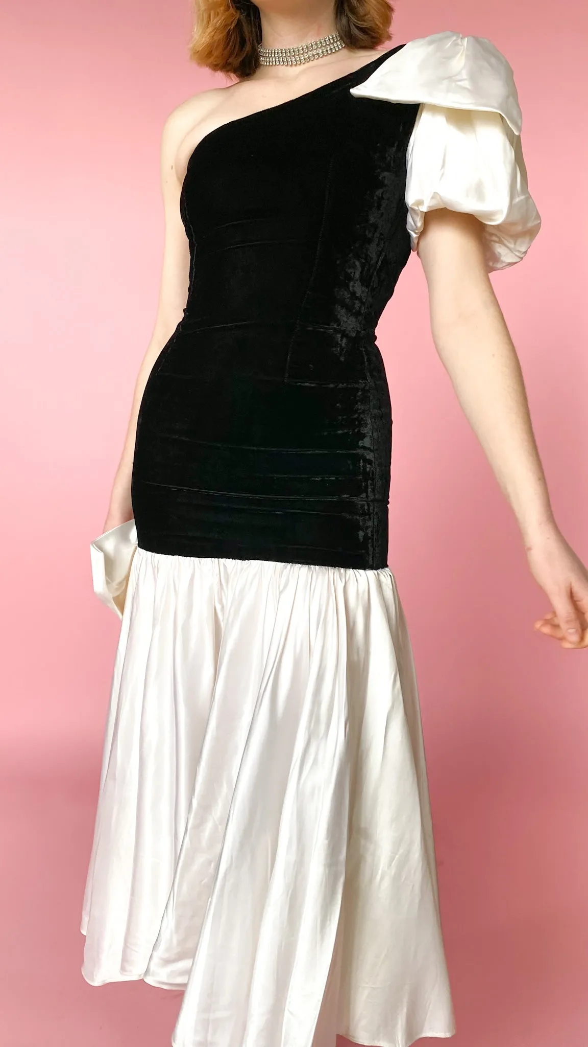 1980s Black and Cream Drop Waist Gown, sz. XS