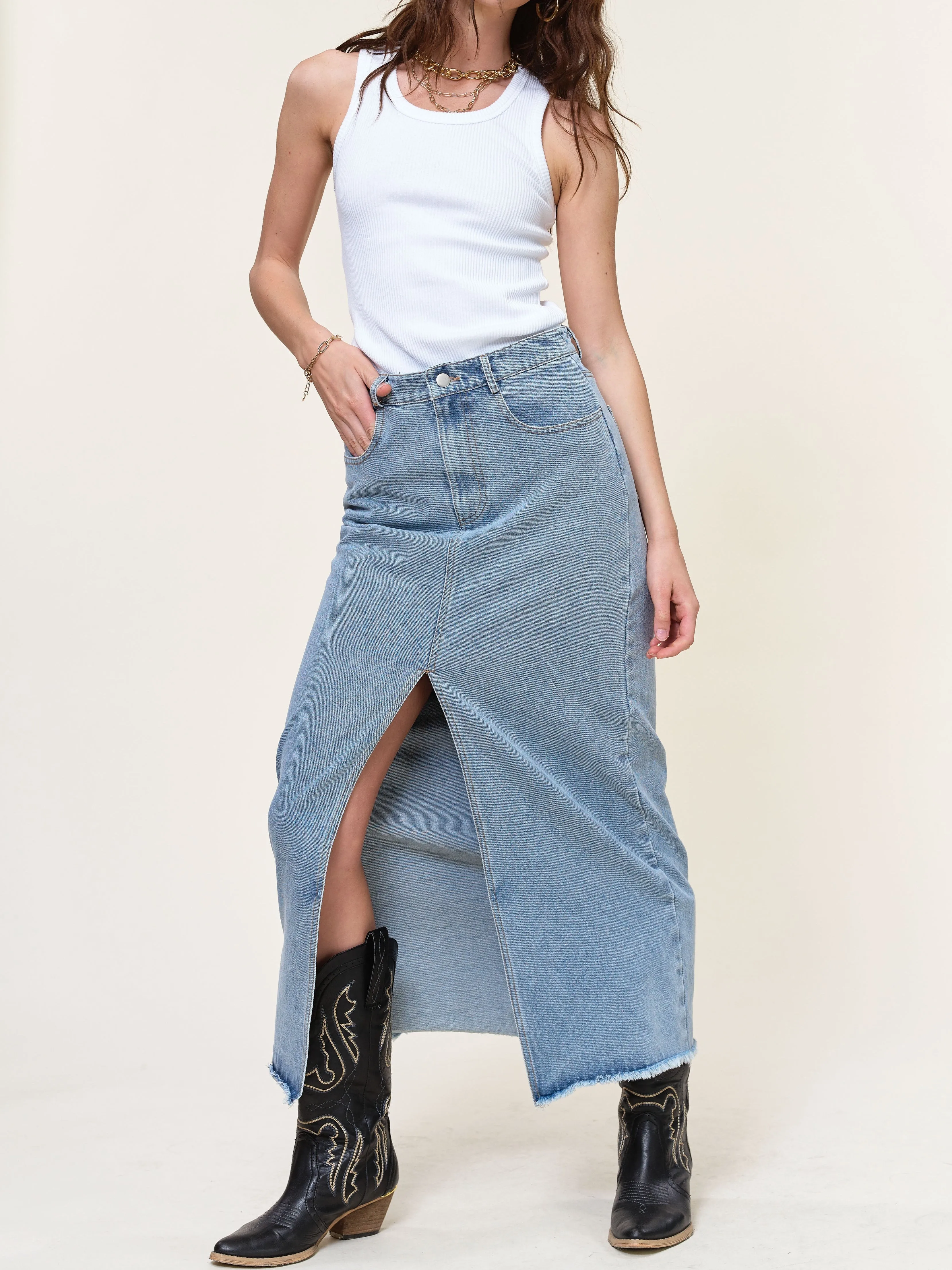 27 Belle Denim Front Split Maxi Skirt