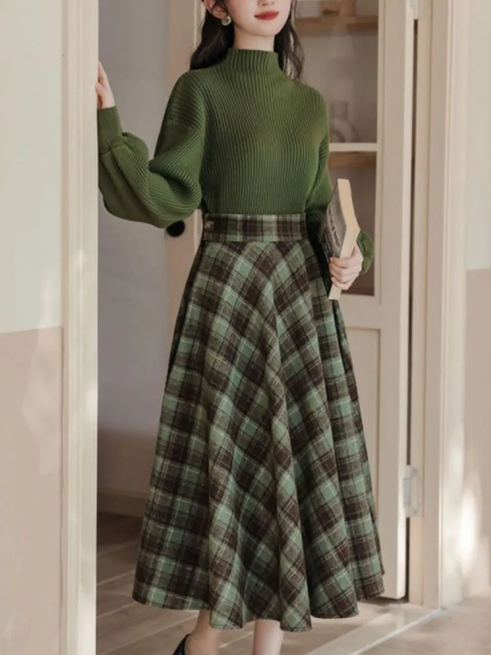 2PS Green Sweater And Plaid Swing Skirt 1950S Vintage Audrey Hepburn's Style Outfits