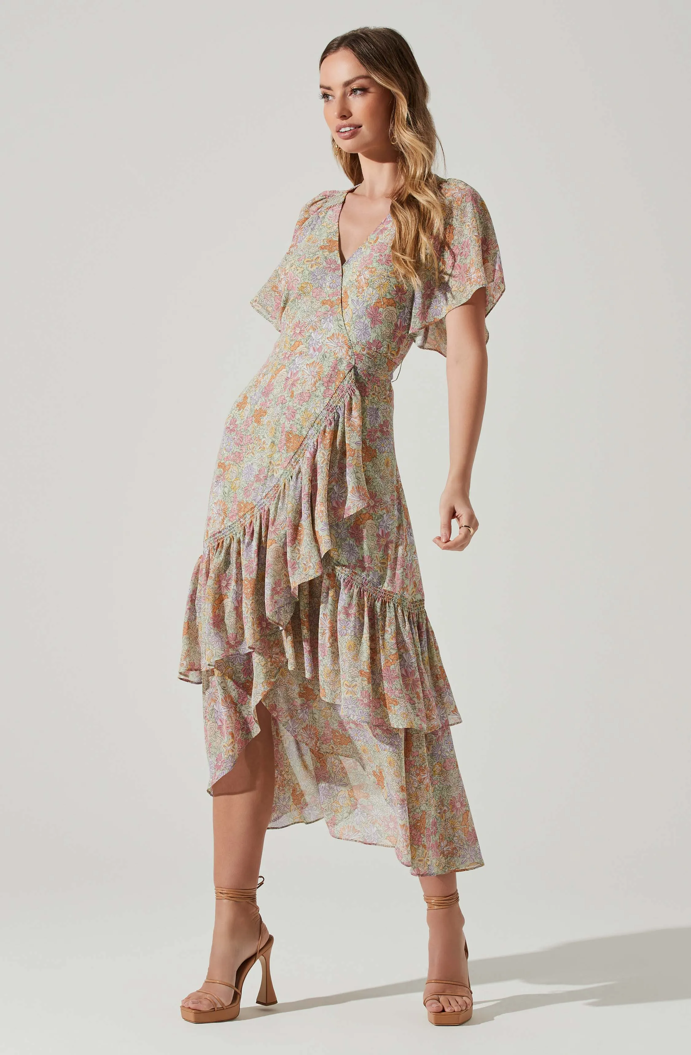 Adella Floral Flutter Sleeve Ruffle Midi Dress