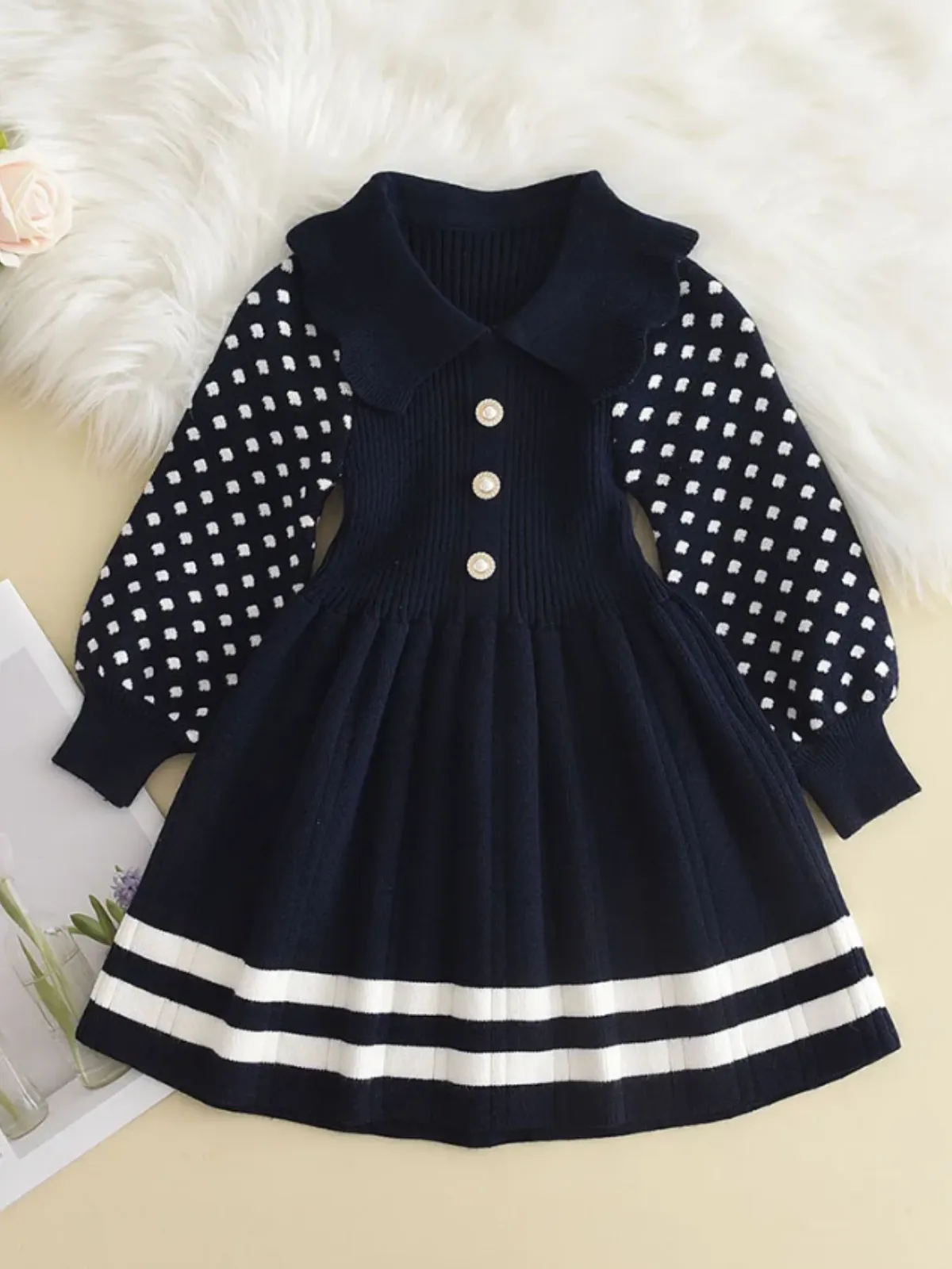 Adorable Polka Dot Sleeve Knit Dress with Elegant Pleats