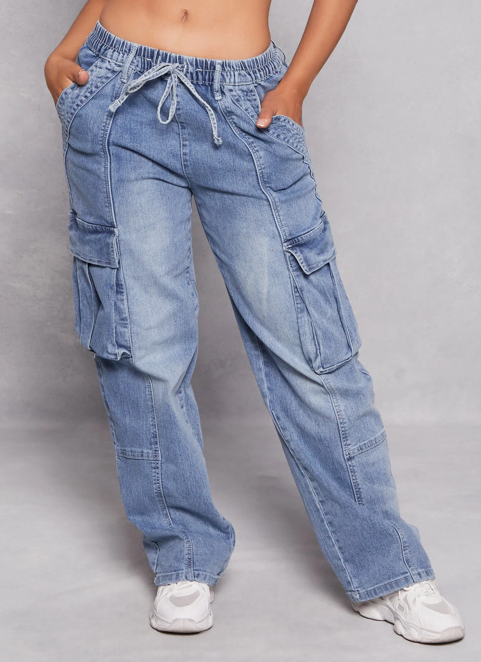 Almost Famous Acid Wash Wide Leg Cargo Jeans