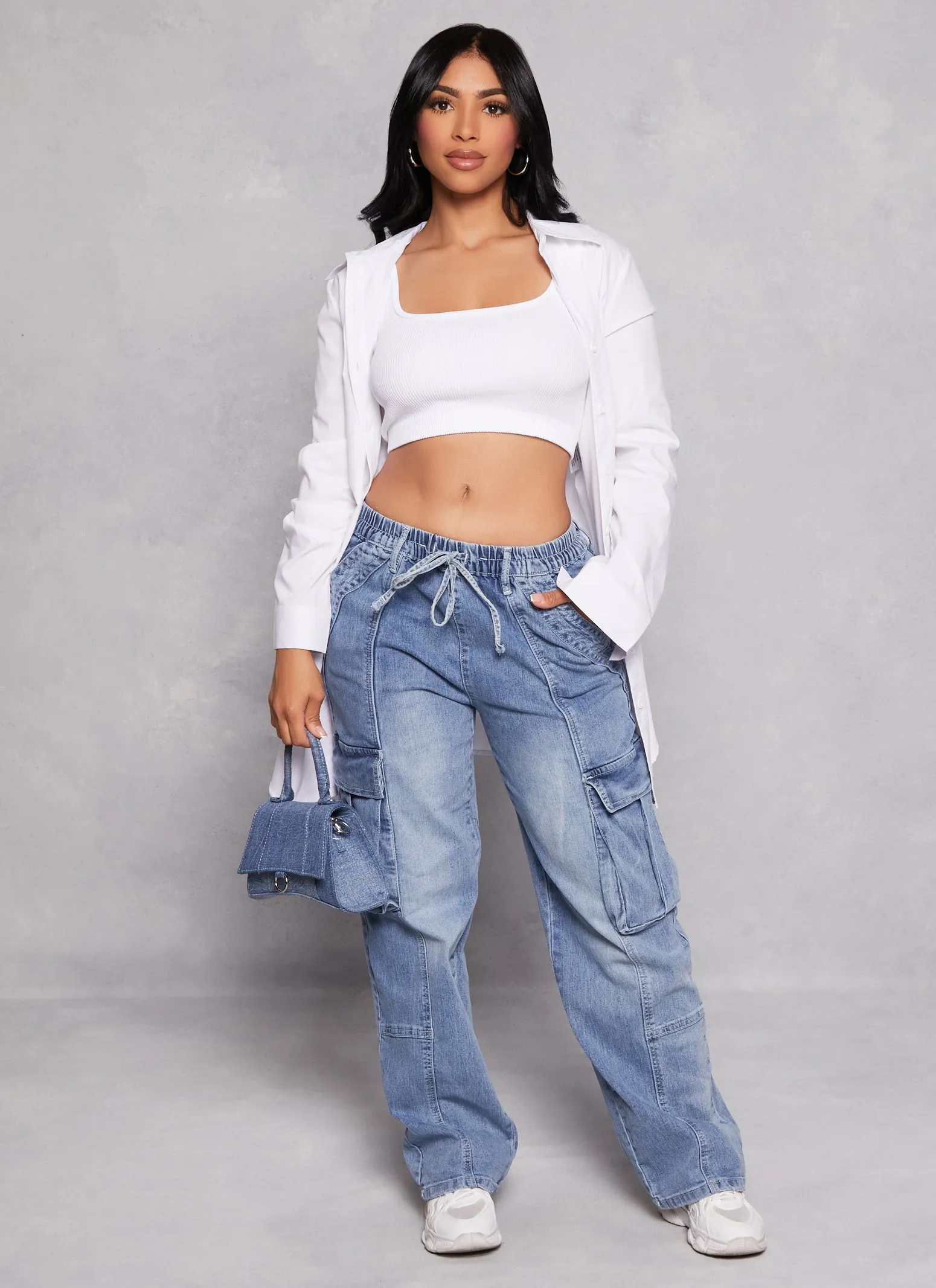 Almost Famous Acid Wash Wide Leg Cargo Jeans