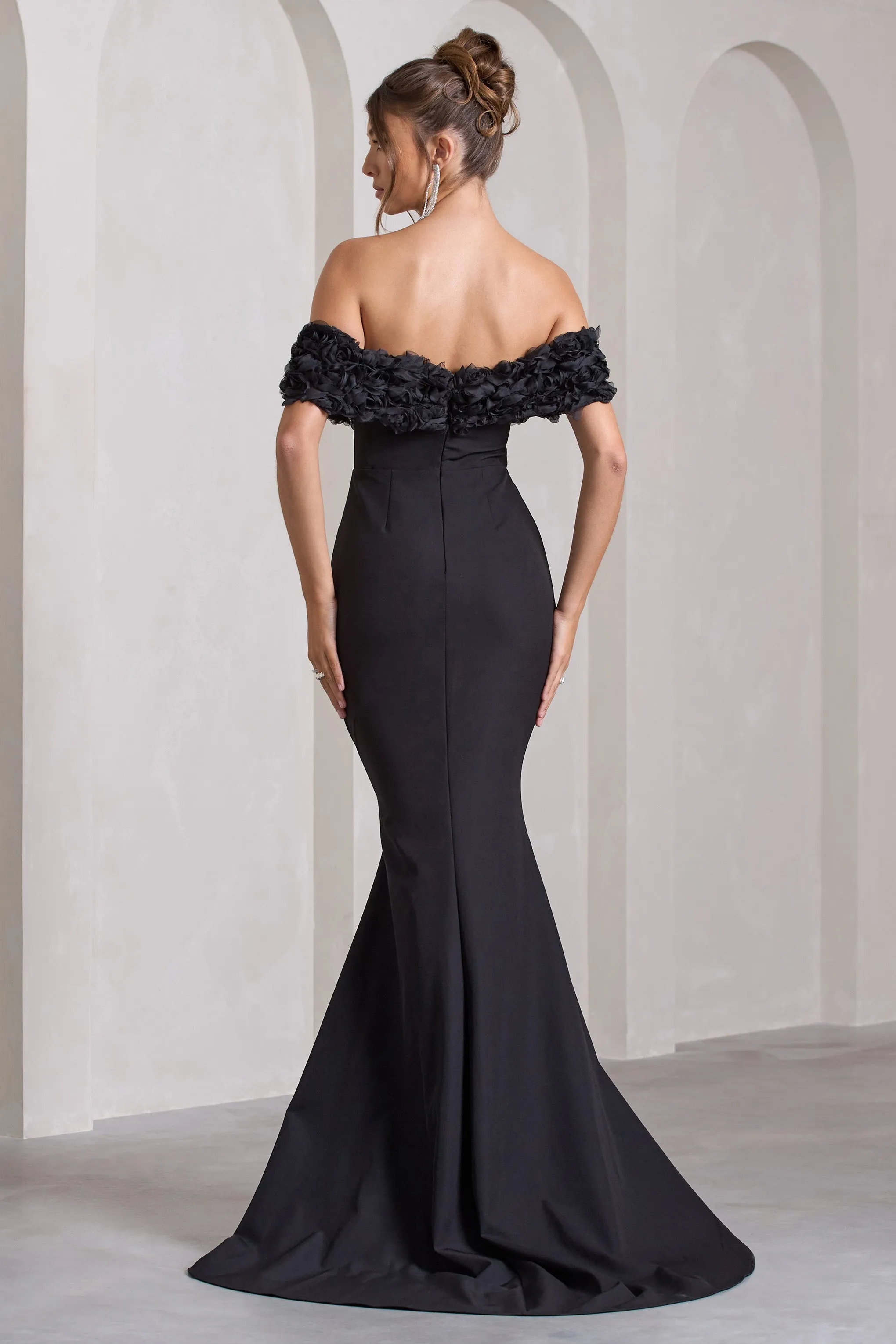 Amanza | Black Bardot Split Fishtail Maxi Dress With Flowers