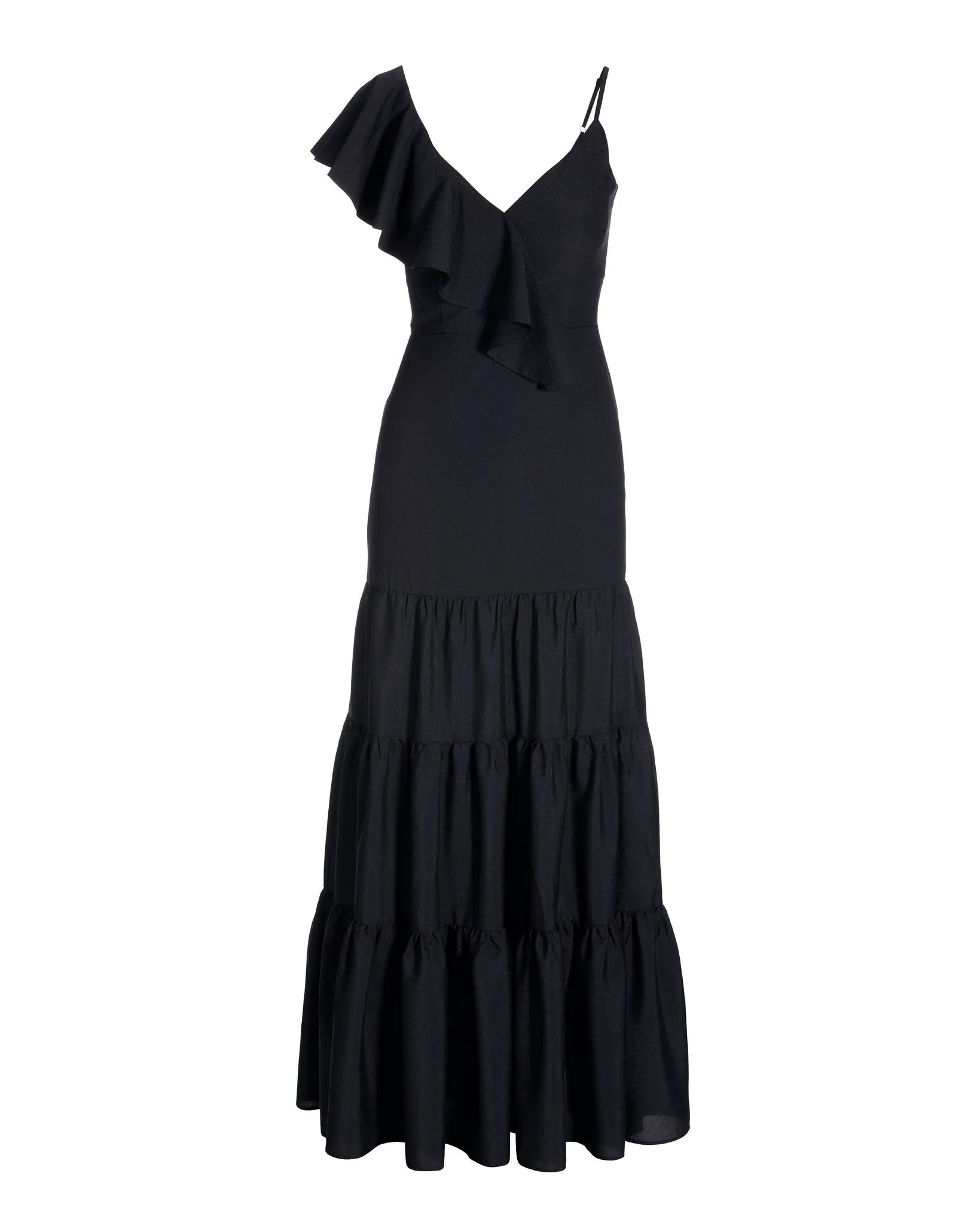 Asymmetrical Ruffle Tiered Maxi Dress Black