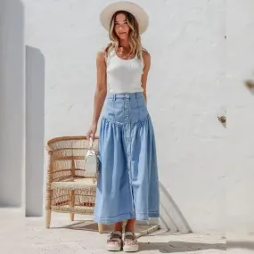 Beckham Chambray Denim Button Front Maxi Skirt Light Blue