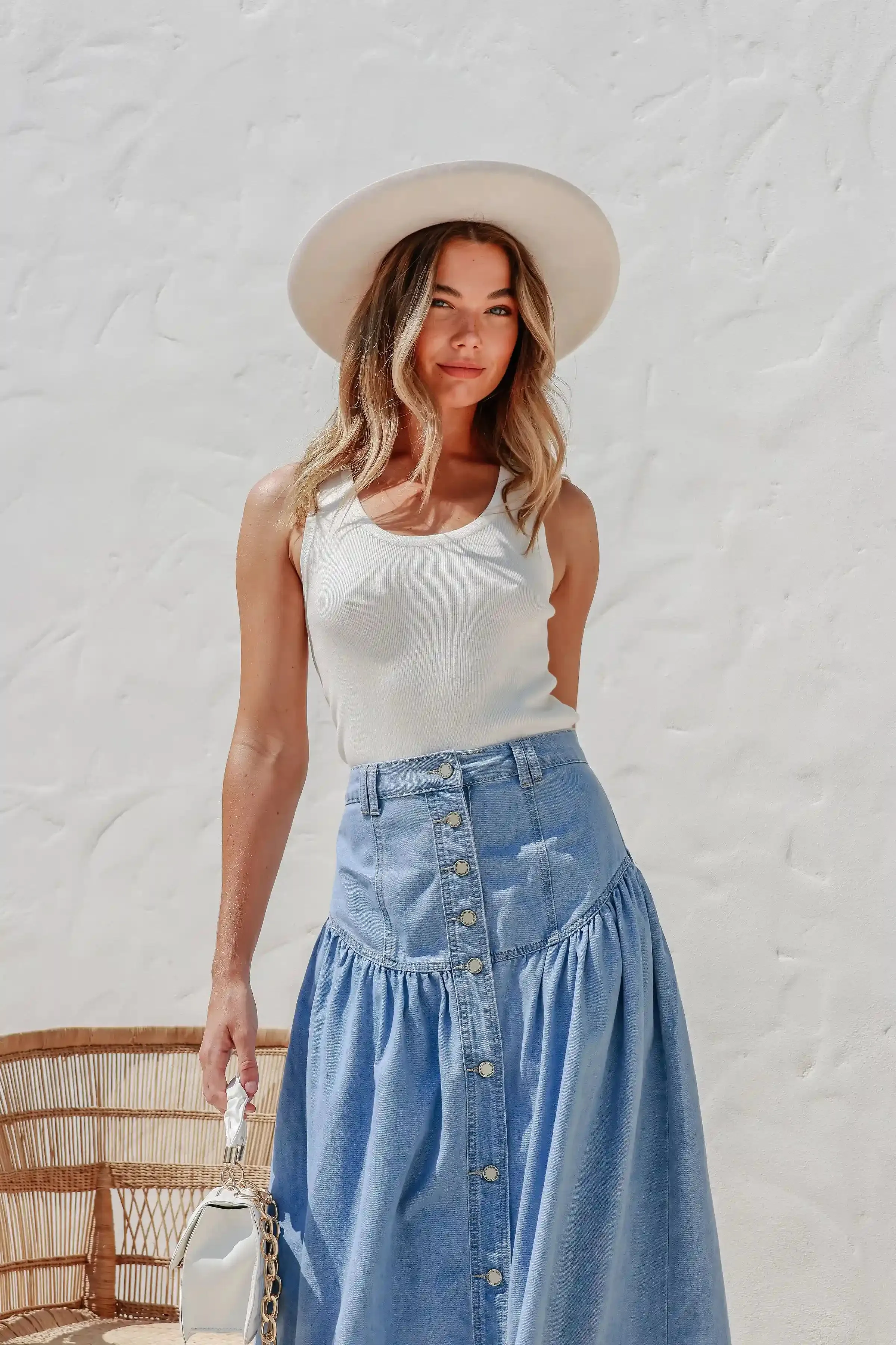 Beckham Chambray Denim Button Front Maxi Skirt Light Blue