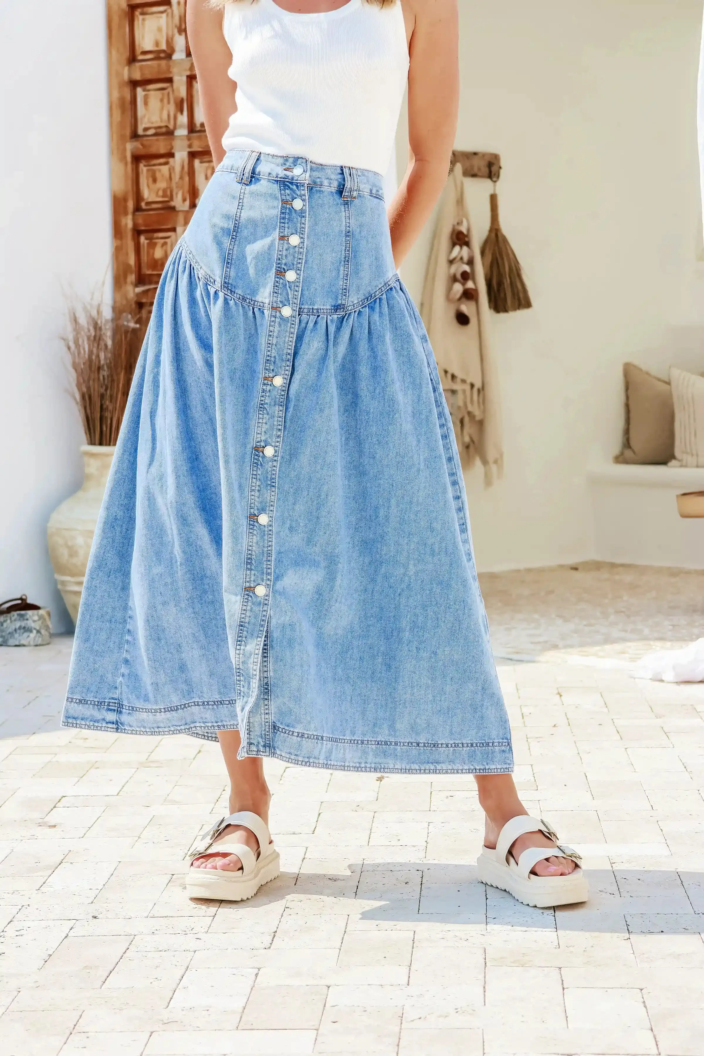 Beckham Chambray Denim Button Front Maxi Skirt Light Blue