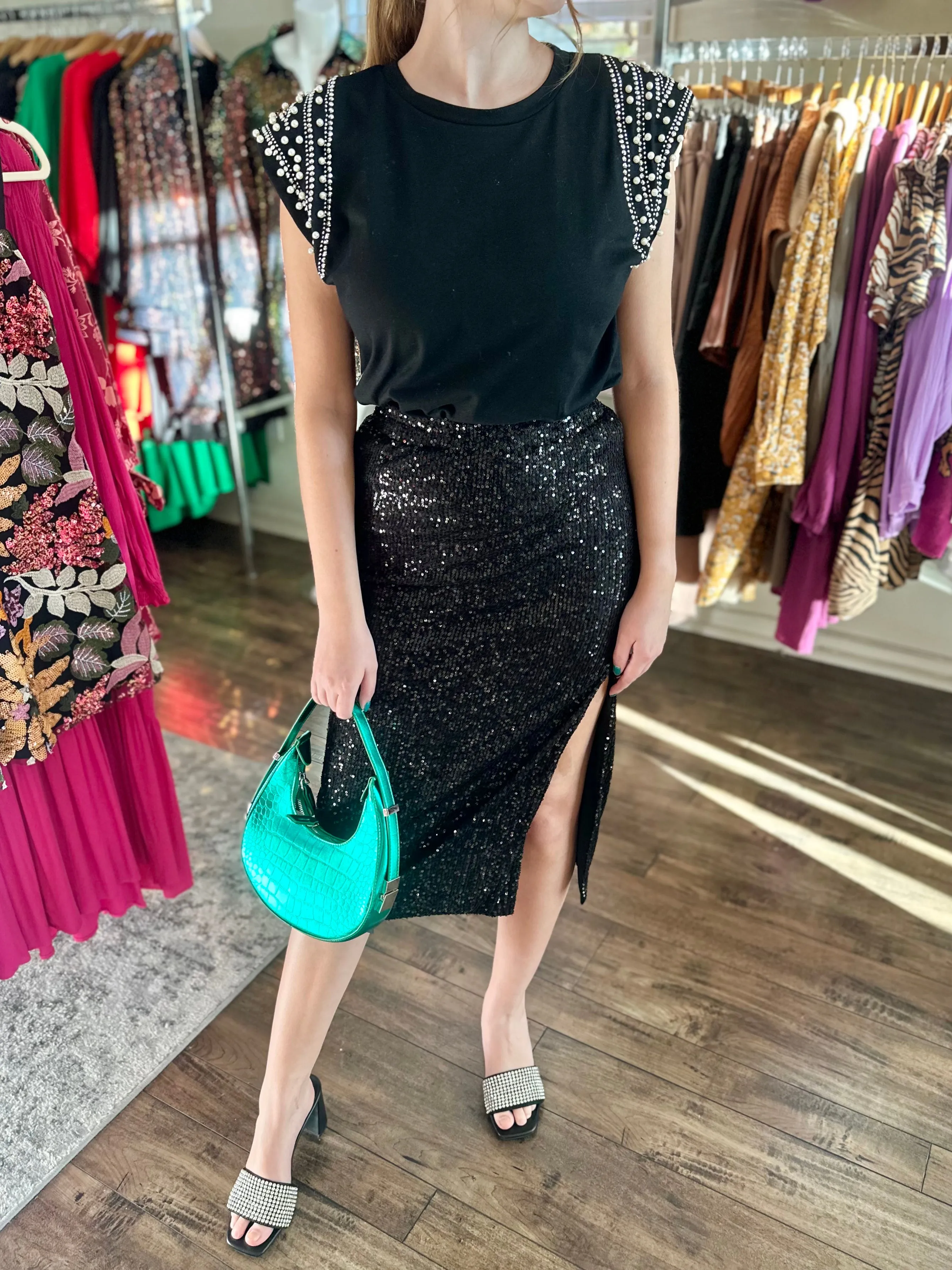 Black Sequin Midi Skirt