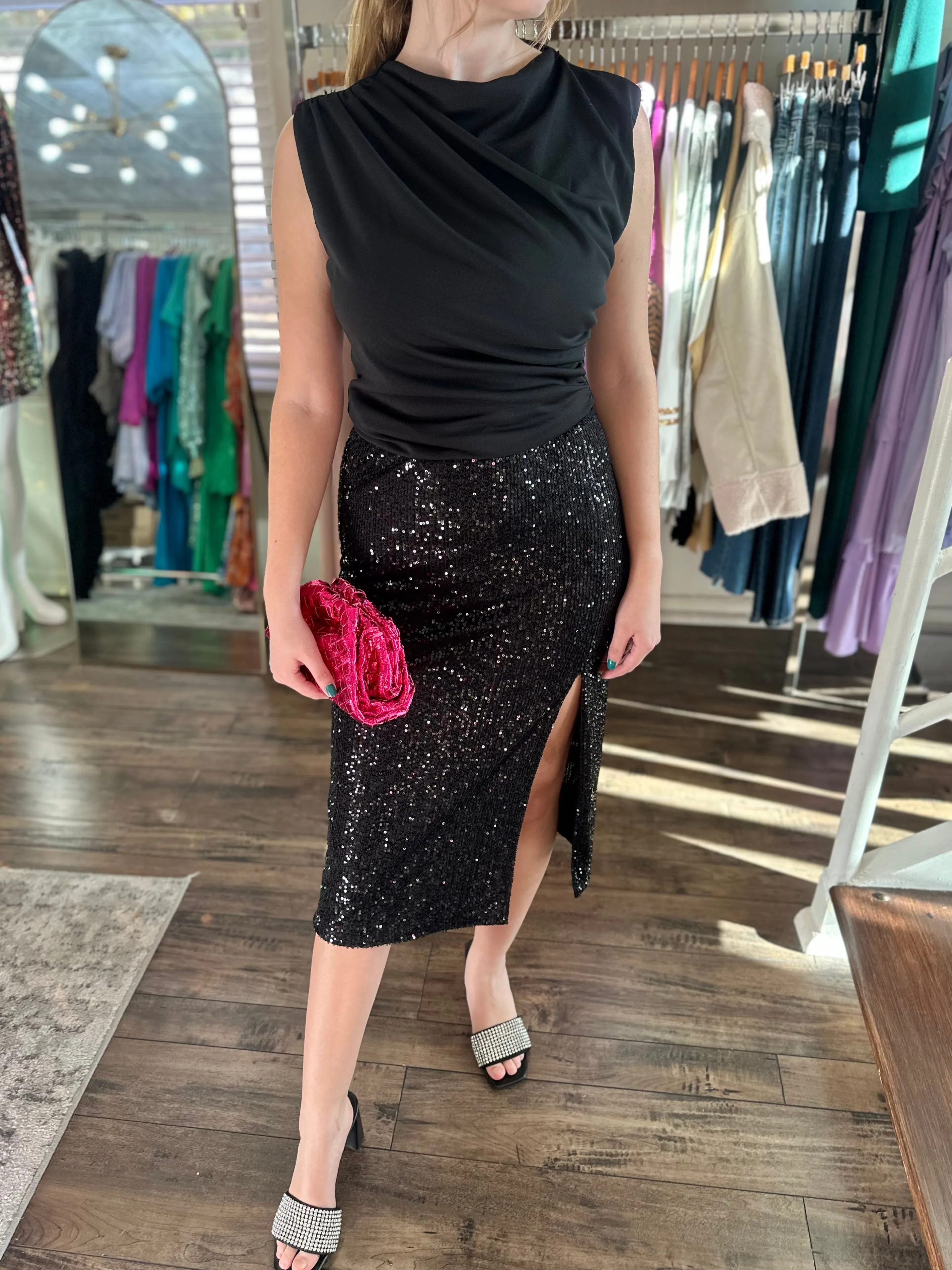 Black Sequin Midi Skirt