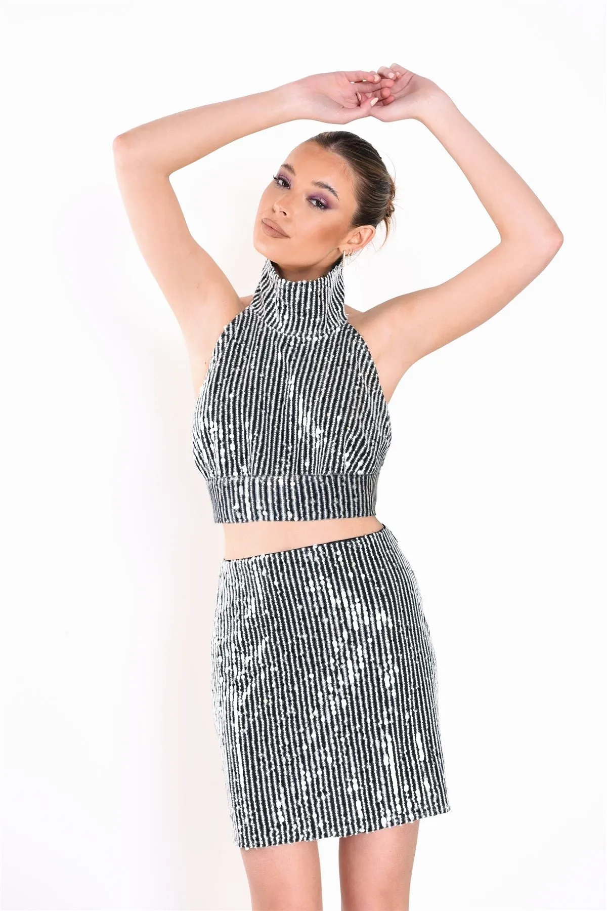 Black White Sequin High Neck Backless Crop Top