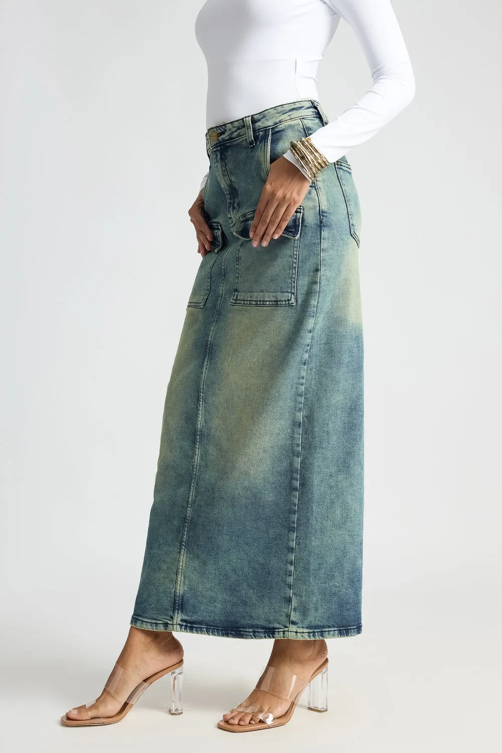 Blue Utility Pocket Denim Midi Skirt