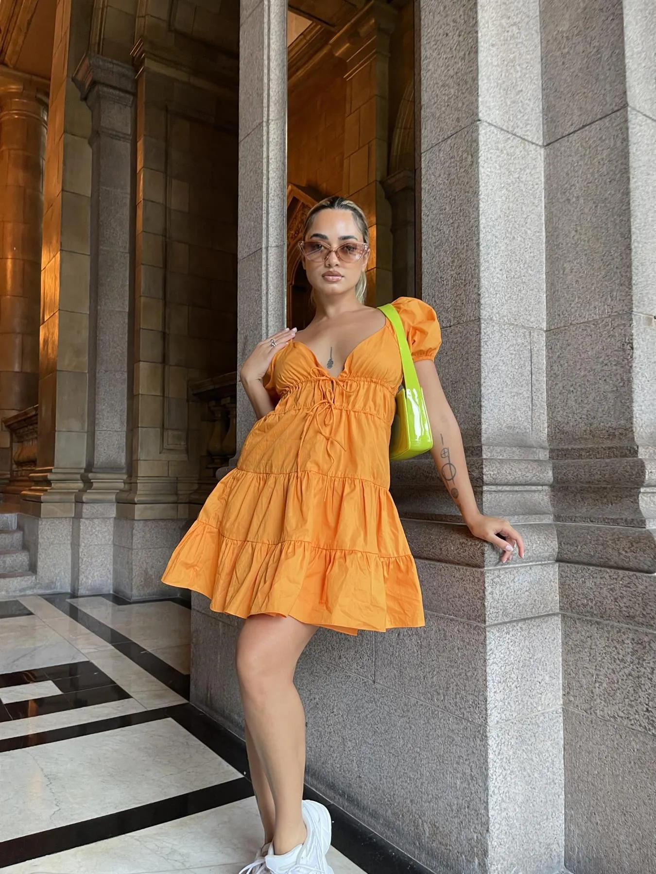 Bright-Orange Tie-Front Mini-Dress