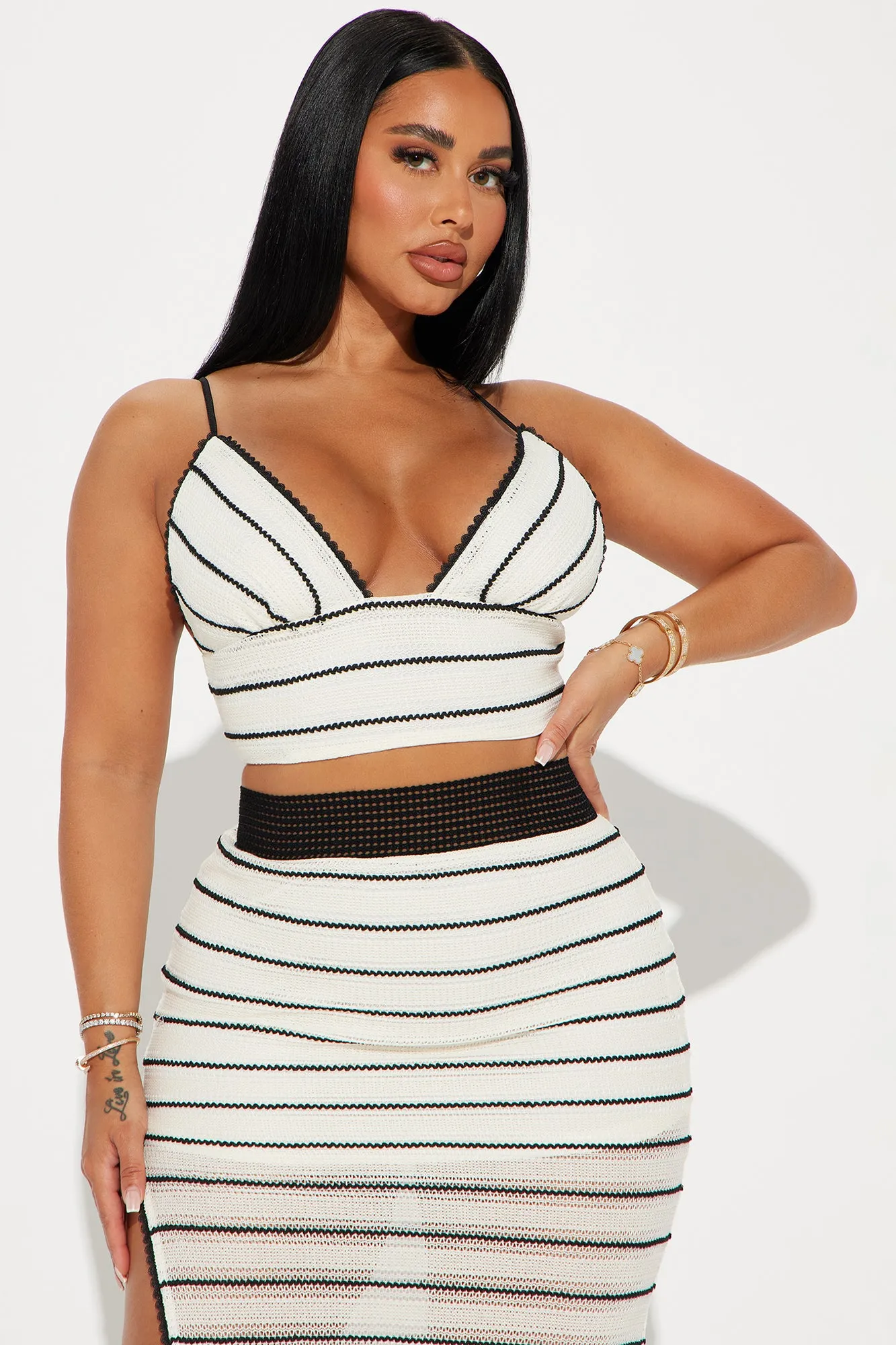 Busy At The Beach Crochet Skirt Set - White/Black