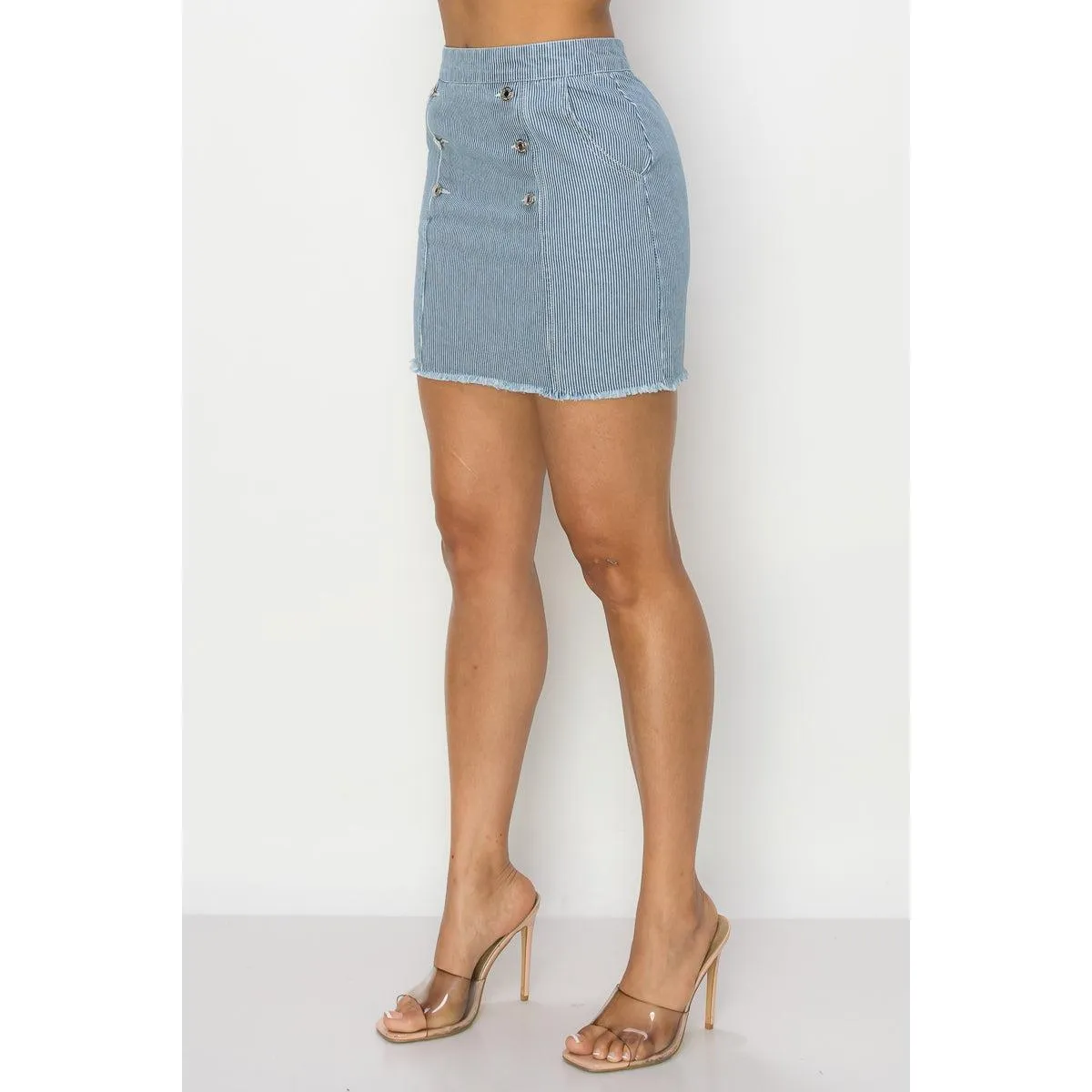 Button Frayed Denim Mini Skirt