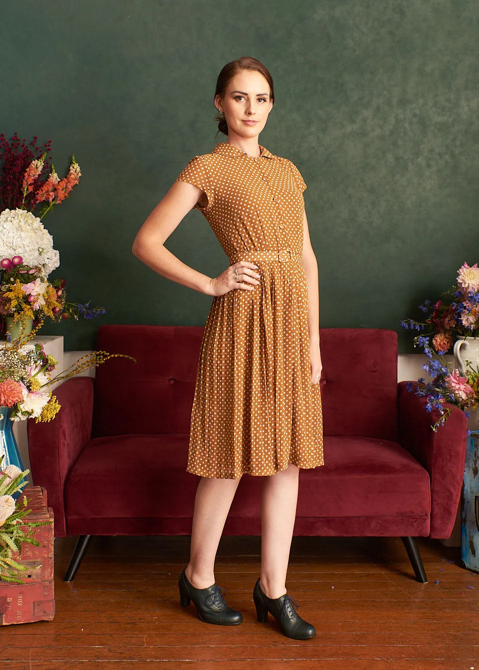 Camille Bronze & Cream Polka Dot Dress