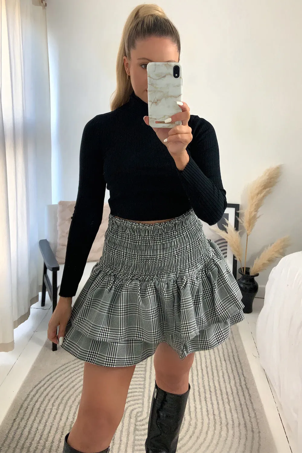 Cece Black and White Check Shirred Waist Ruffle Hem Mini Skirt