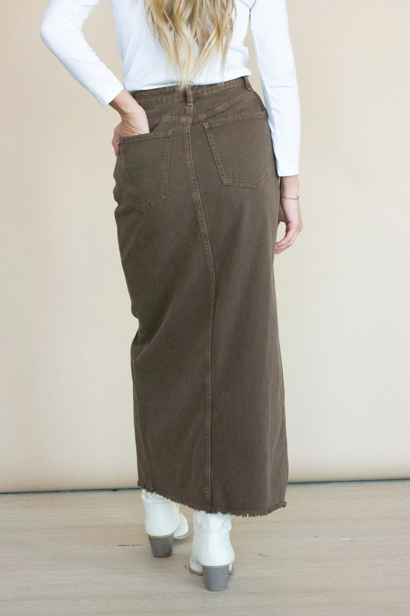 Chasing Dreams Brown Denim Midi Skirt