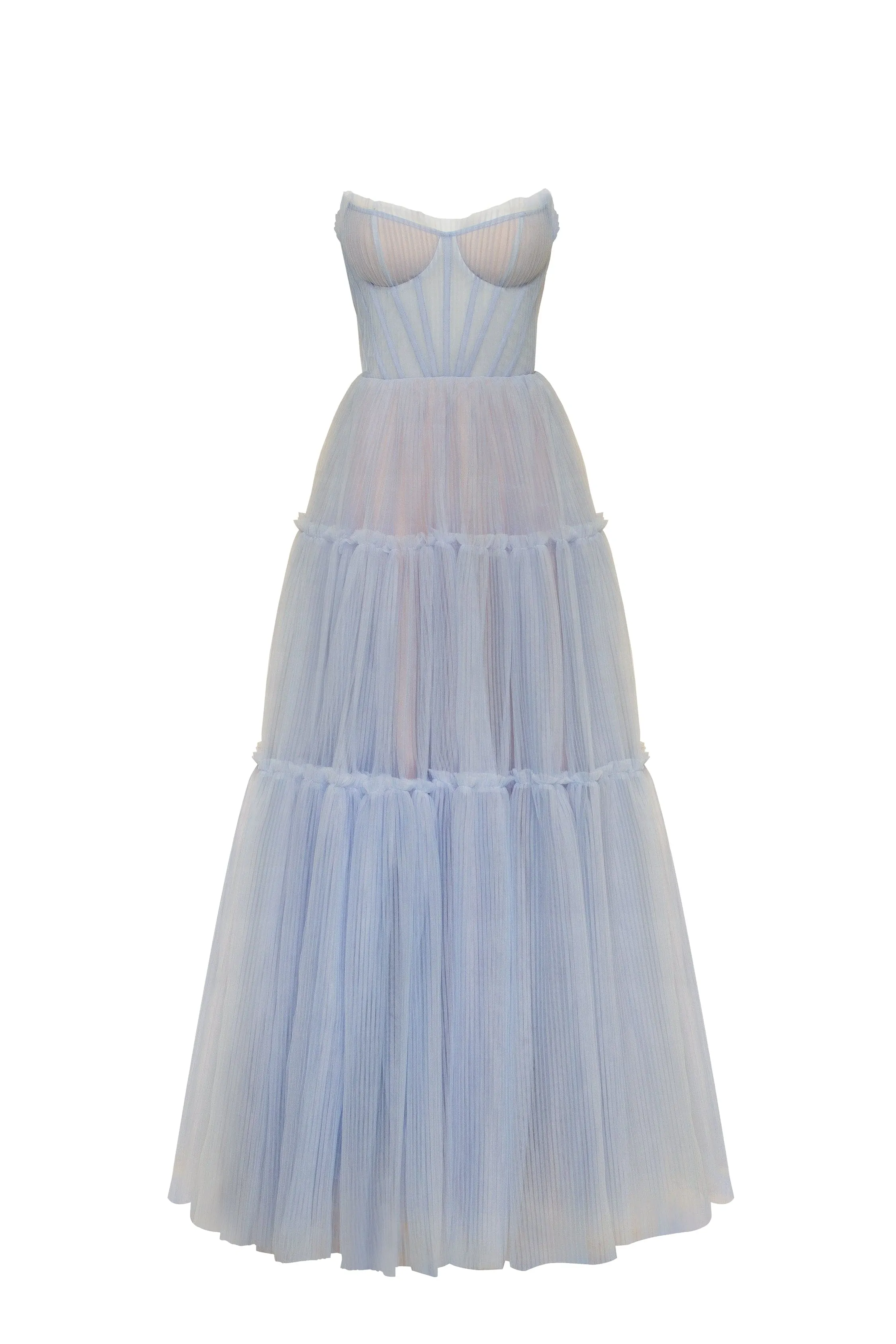 Elegant Cloudy Blue Tulle Maxi Dress with Ruffled Skirt - Enchanting Garden of Eden Inspired Design