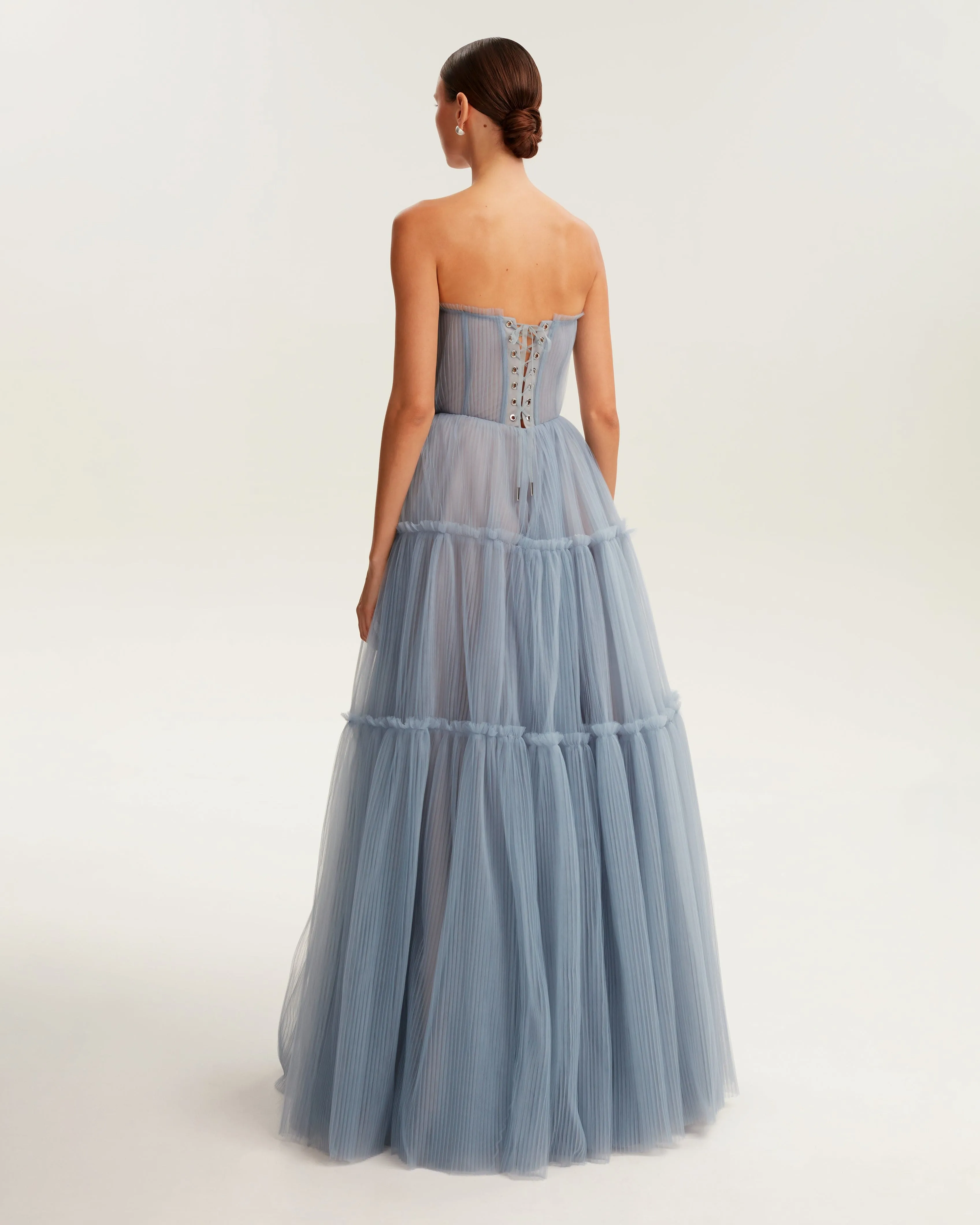 Elegant Cloudy Blue Tulle Maxi Dress with Ruffled Skirt - Enchanting Garden of Eden Inspired Design