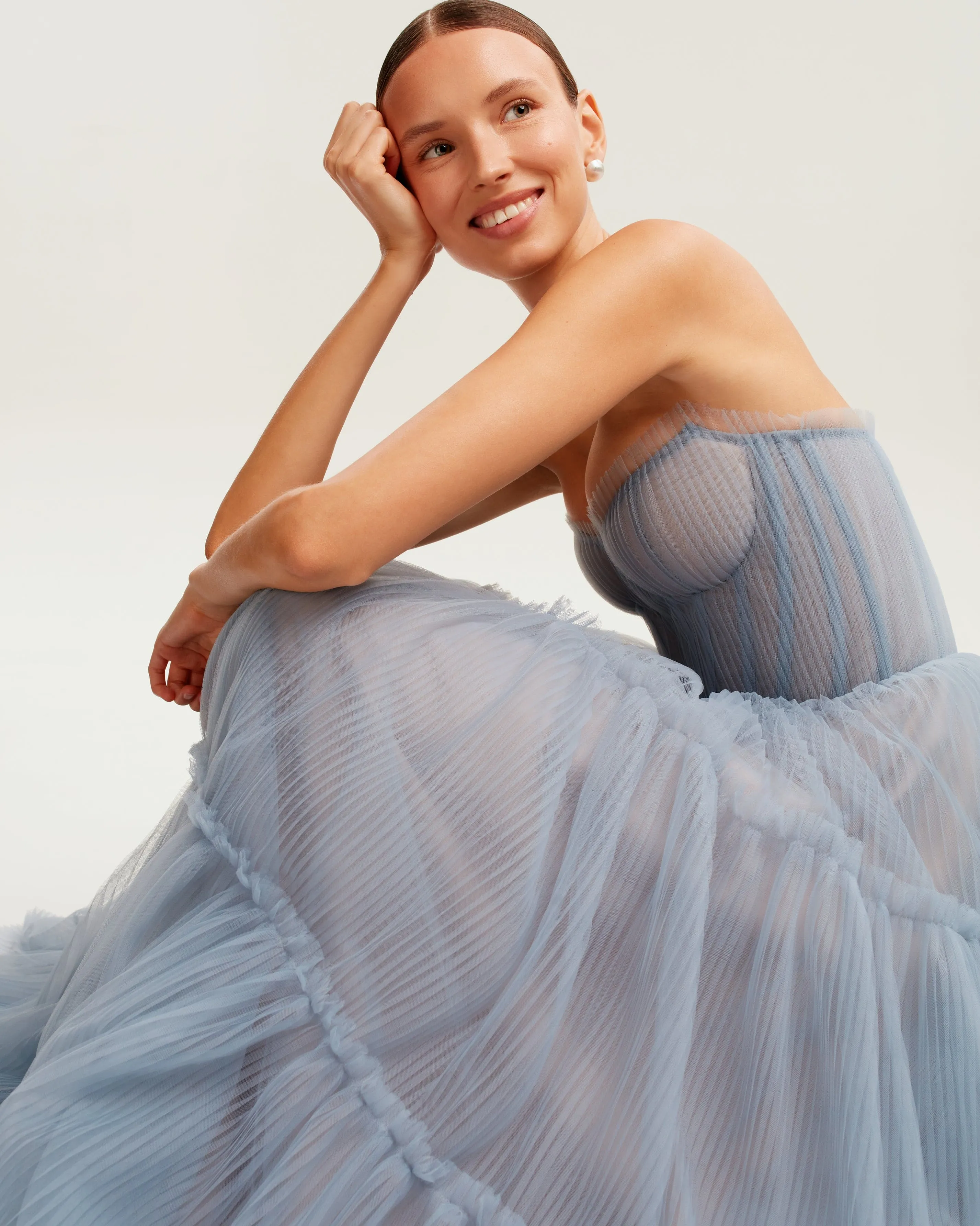 Elegant Cloudy Blue Tulle Maxi Dress with Ruffled Skirt - Enchanting Garden of Eden Inspired Design