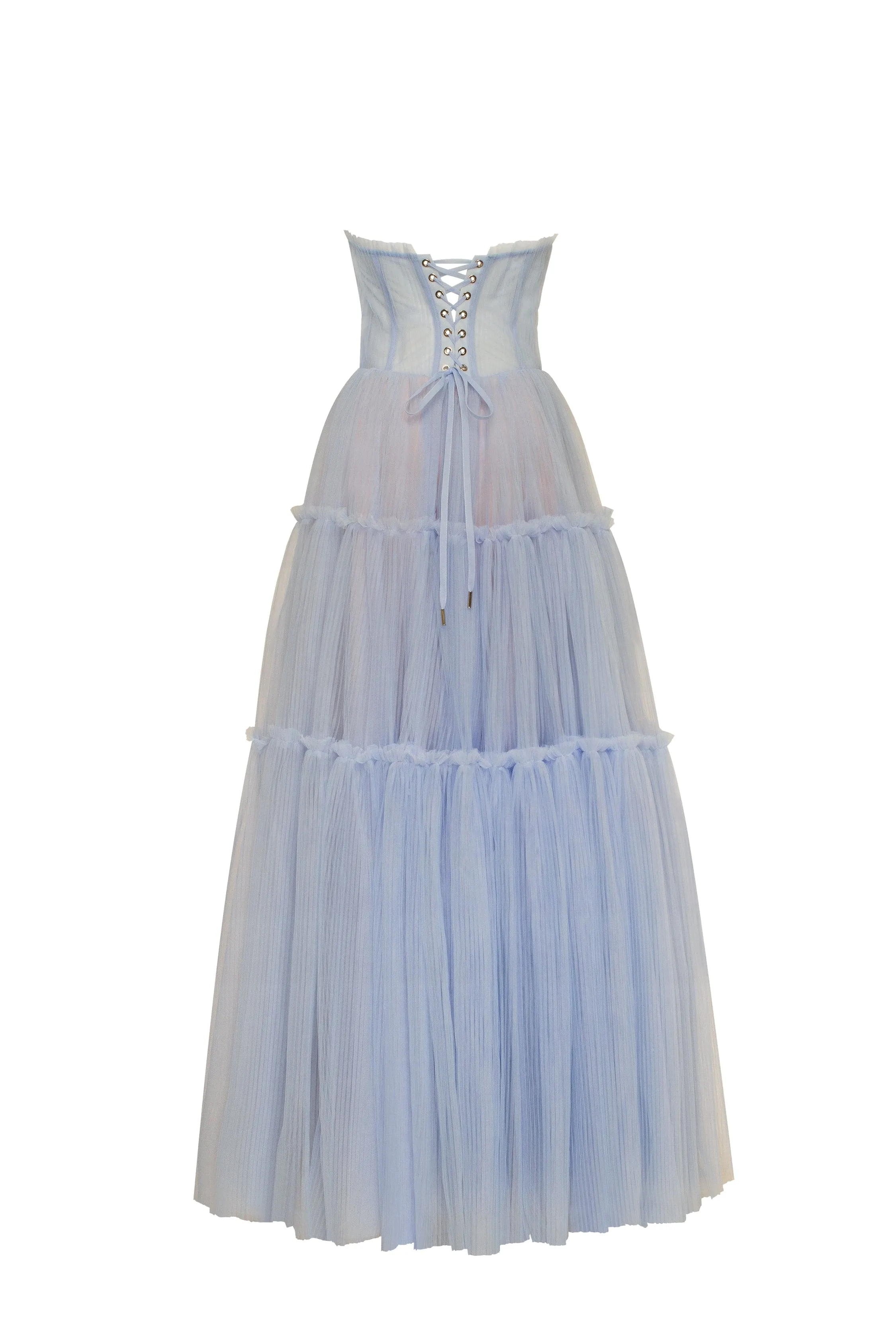 Elegant Cloudy Blue Tulle Maxi Dress with Ruffled Skirt - Enchanting Garden of Eden Inspired Design