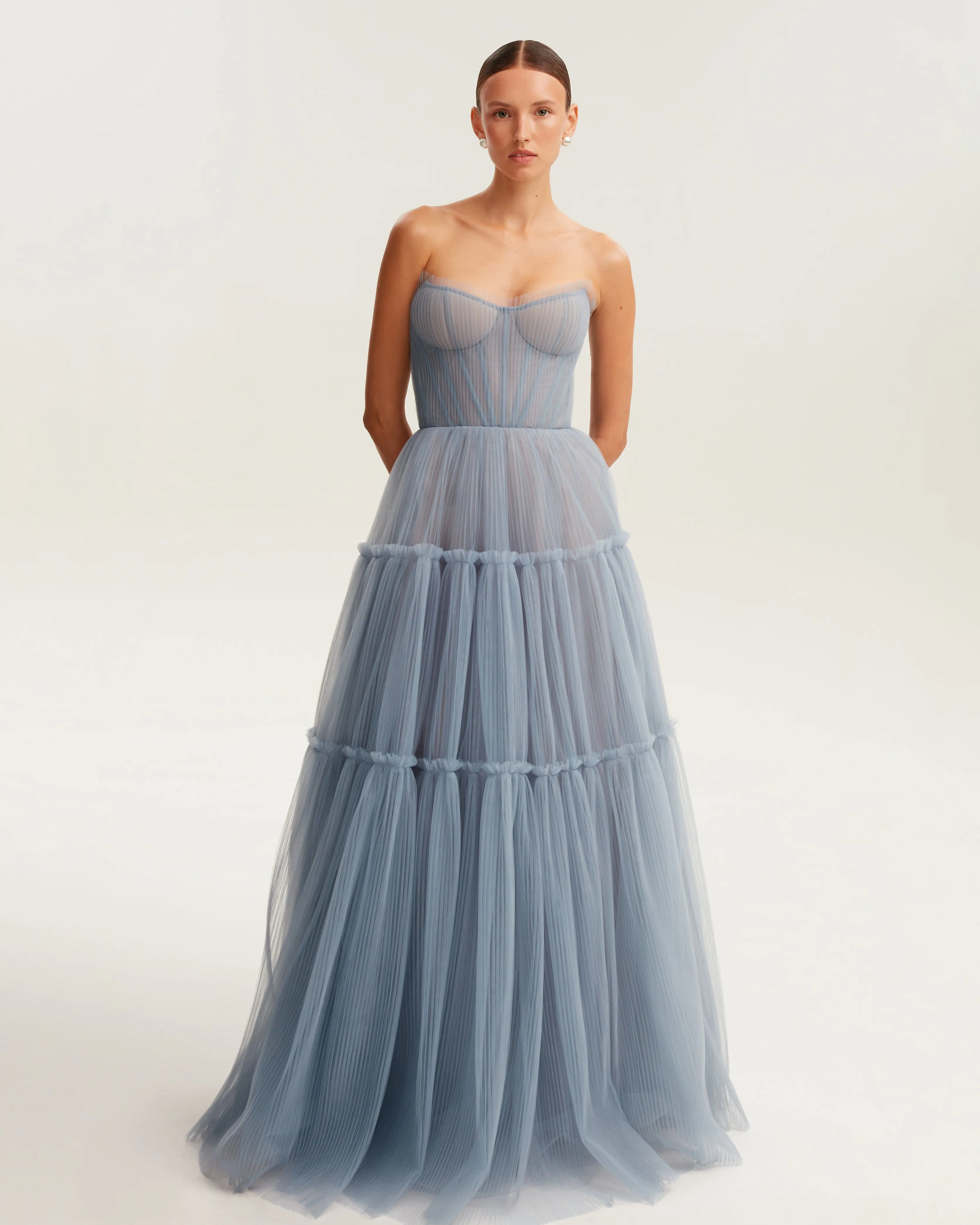 Elegant Cloudy Blue Tulle Maxi Dress with Ruffled Skirt - Enchanting Garden of Eden Inspired Design