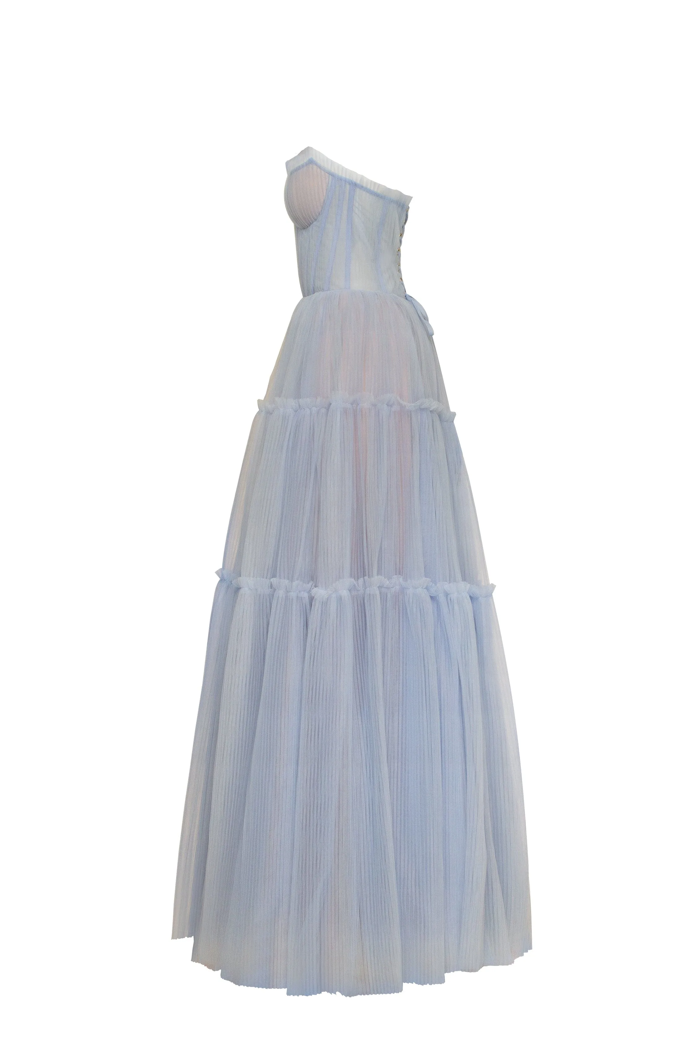 Elegant Cloudy Blue Tulle Maxi Dress with Ruffled Skirt - Enchanting Garden of Eden Inspired Design