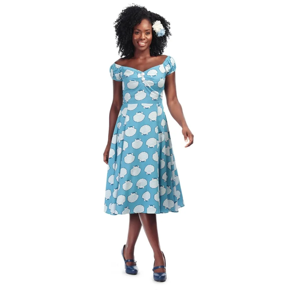 Collectif Sky Blue Seashell Print Sweetheart Neckline 50s Swing Dress