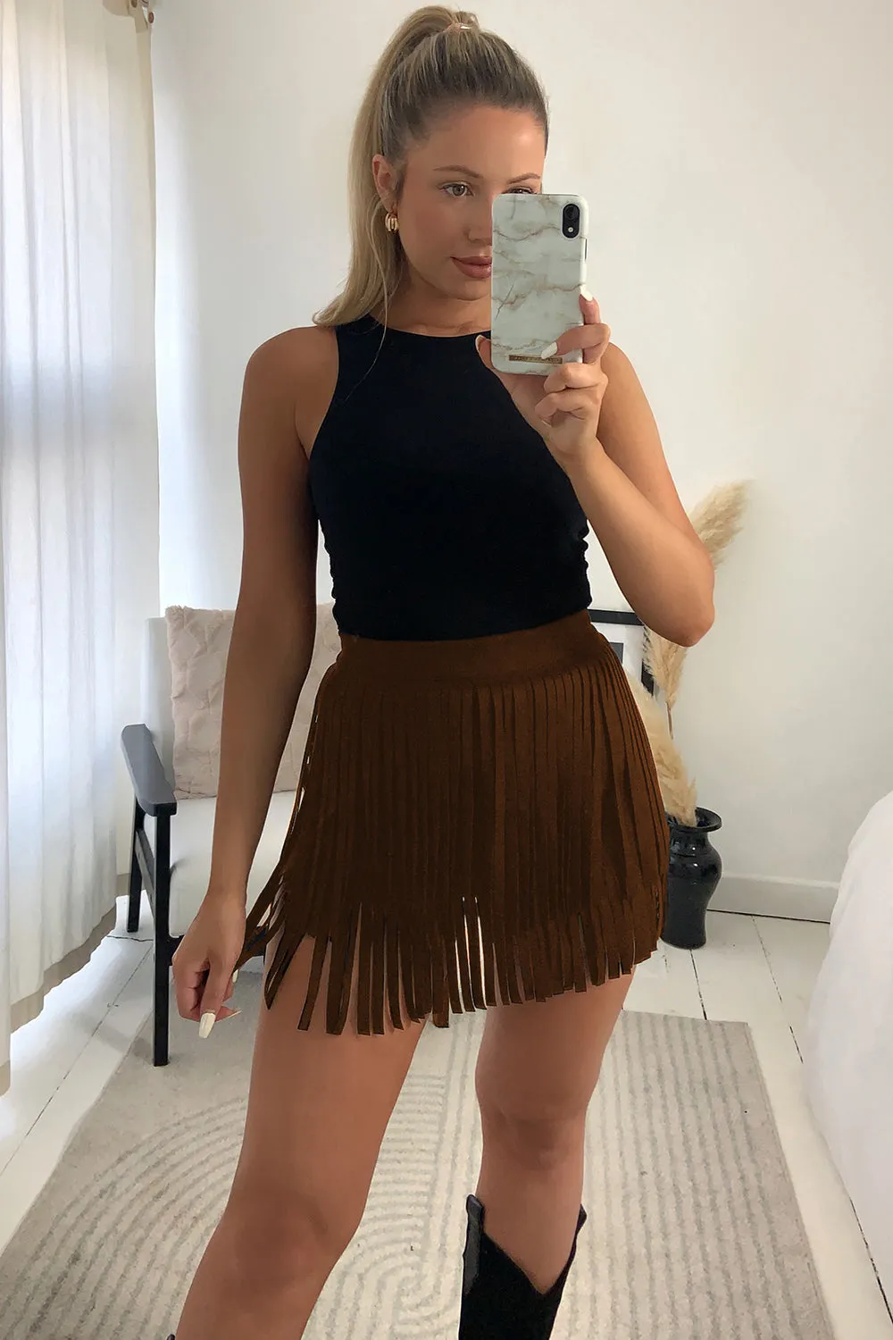 Cora Brown Faux Suede Fringe Tassel Mini Skirt