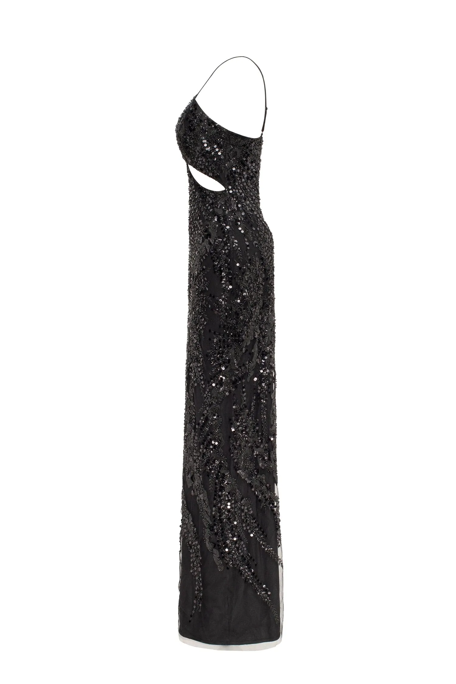 Cut-out halterneck black maxi covered in sequins, Smoky Quartz