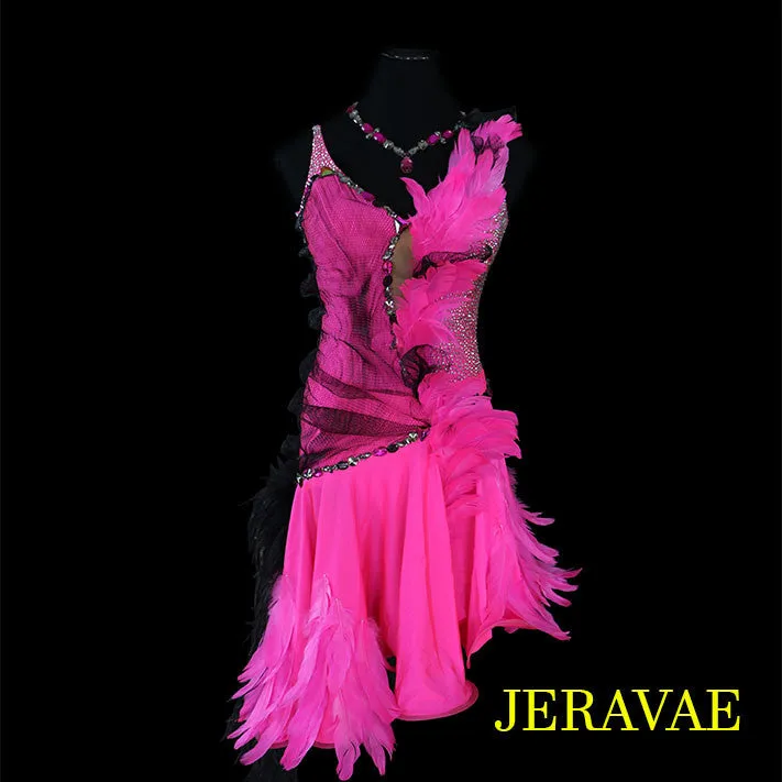 Electric Pink and Black Feather Latin/Rhythm Ballroom Dress LAT028 sz Medium/Large