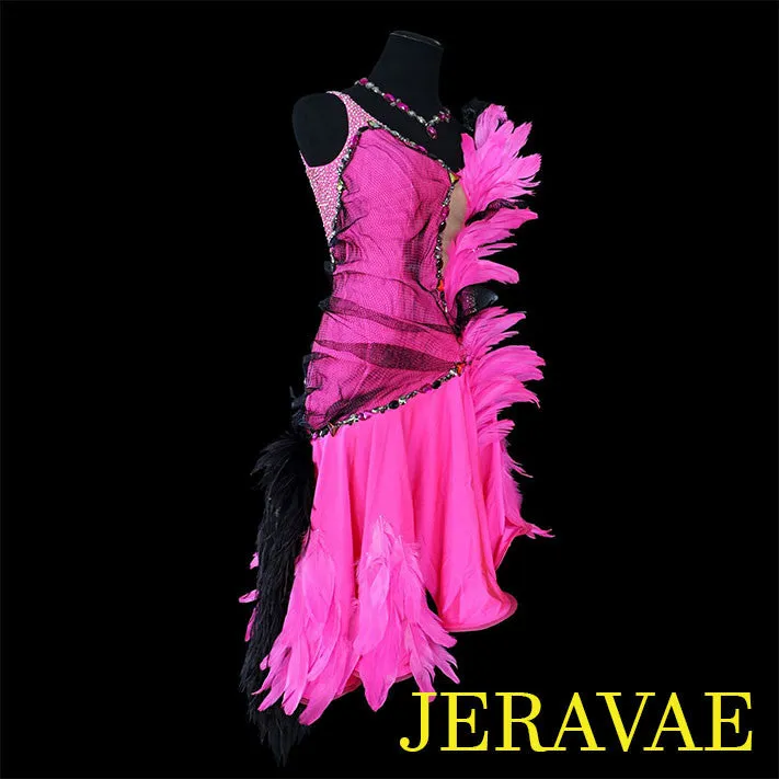 Electric Pink and Black Feather Latin/Rhythm Ballroom Dress LAT028 sz Medium/Large