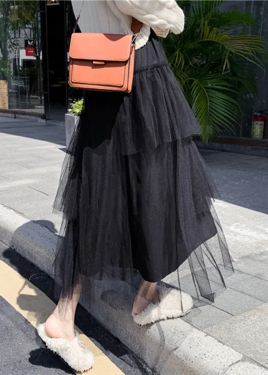 Elegant Black Ruffled High Waist Tulle Skirt Summer AS1067