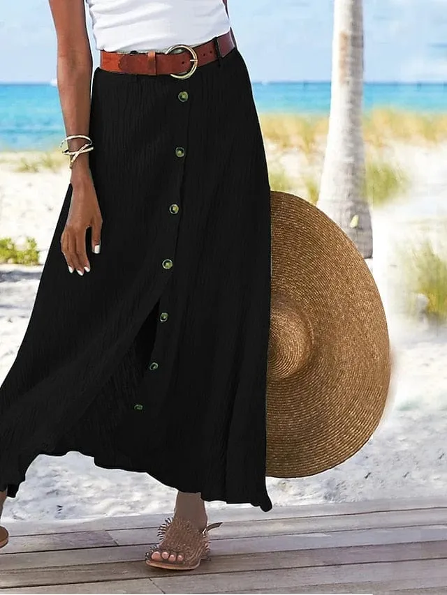 Elegant Women's Linen Maxi Button-Up Skirt - Black, White, Navy Blue, and Orange - S to 5XL