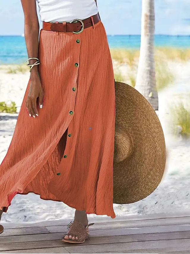 Elegant Women's Linen Maxi Button-Up Skirt - Black, White, Navy Blue, and Orange - S to 5XL