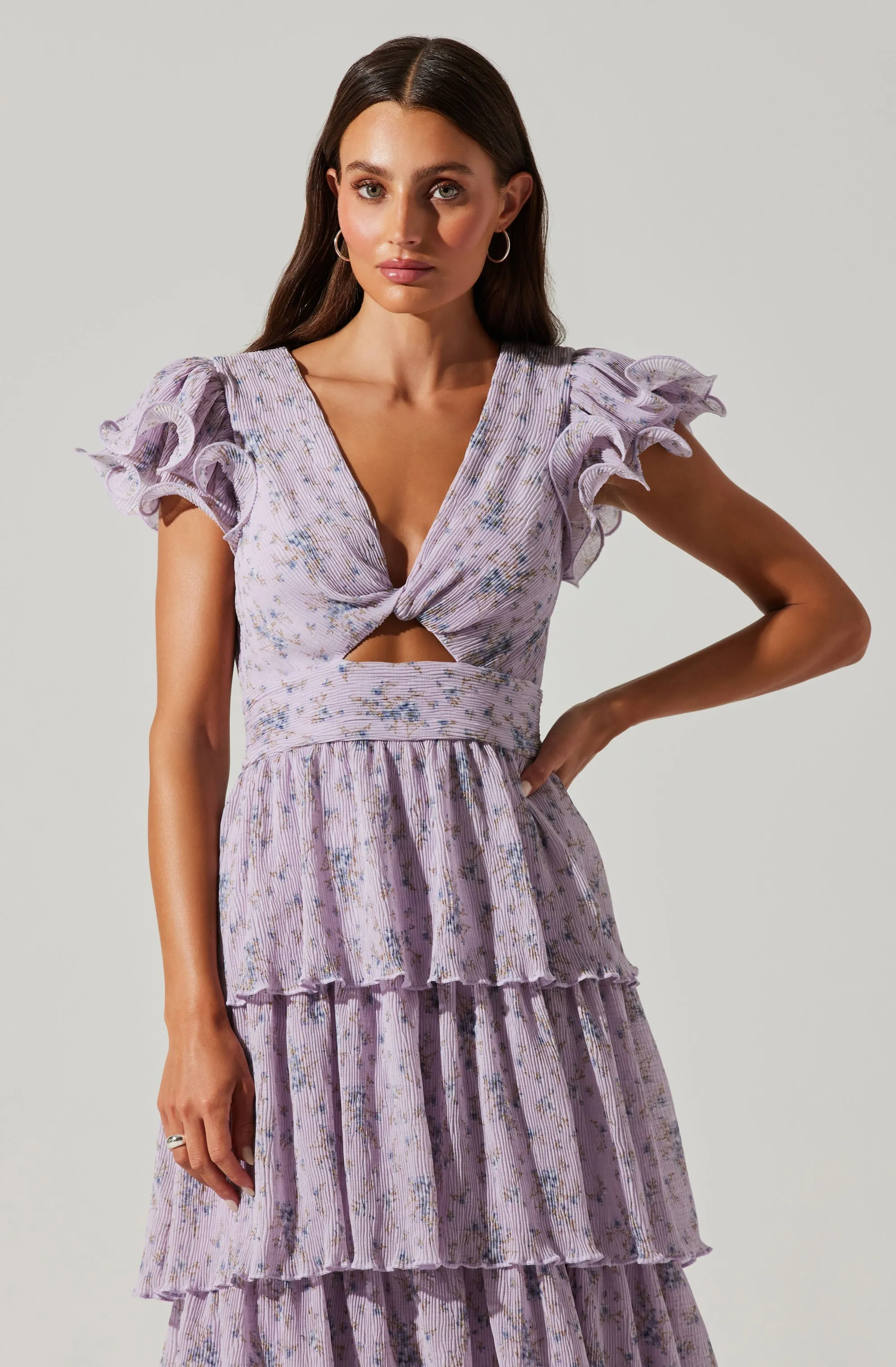 Emporia Floral Pleated Tiered Midi Dress