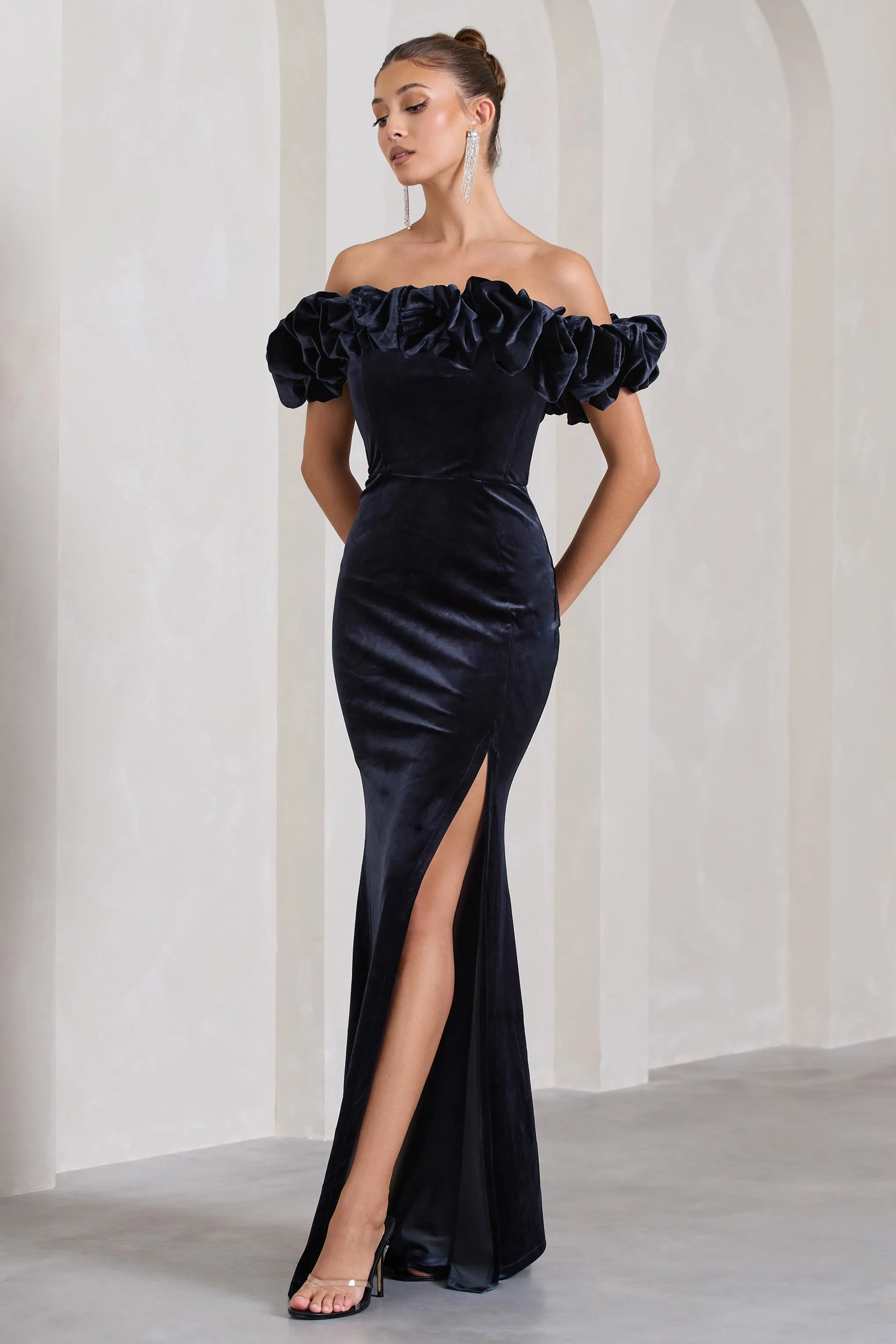 Esmeralda | Navy Velvet Structured Ruffled Bardot Maxi Dress