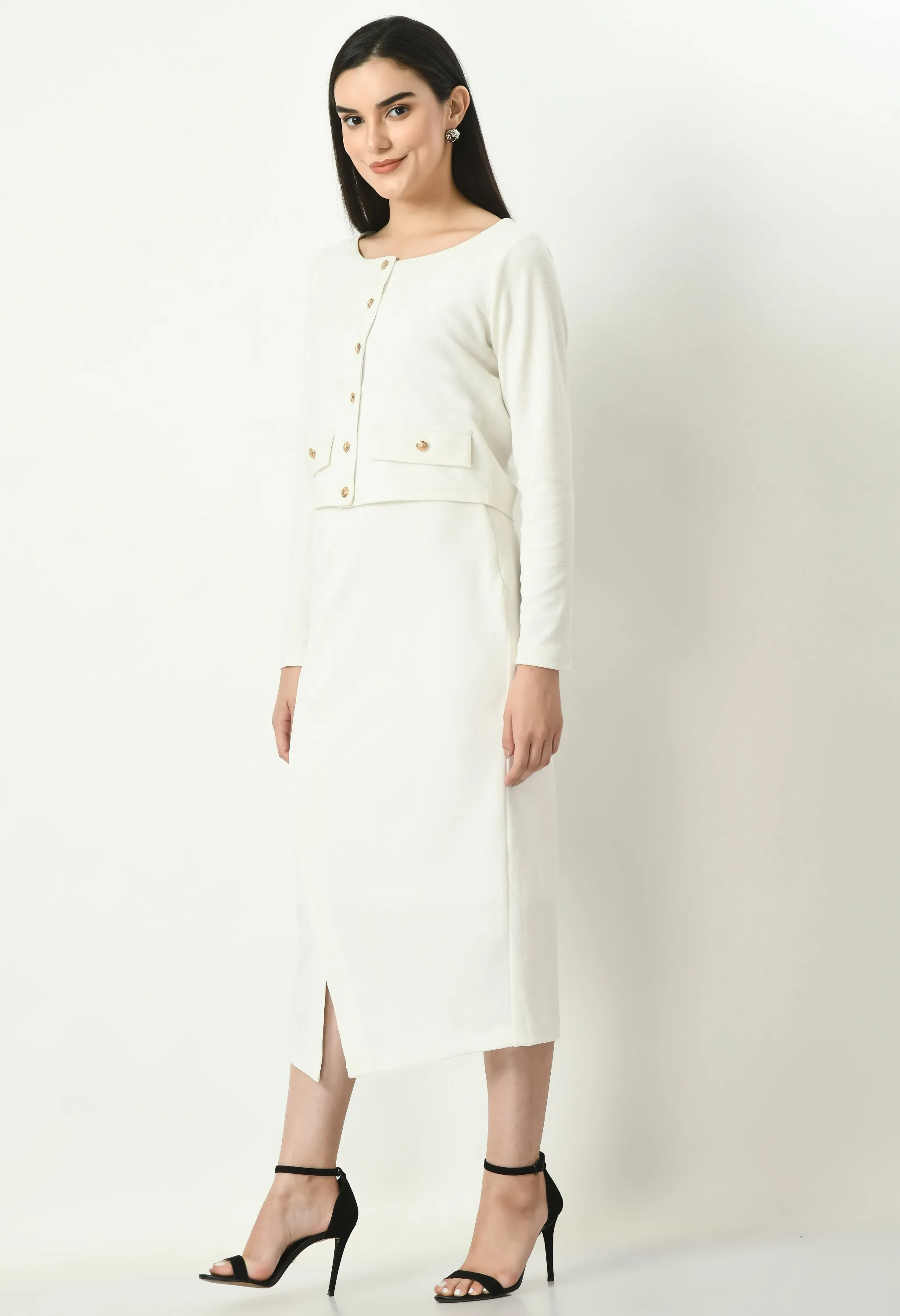 Exude Invincible Crop Blazer Top with Front Slit Midi Skirt (White)