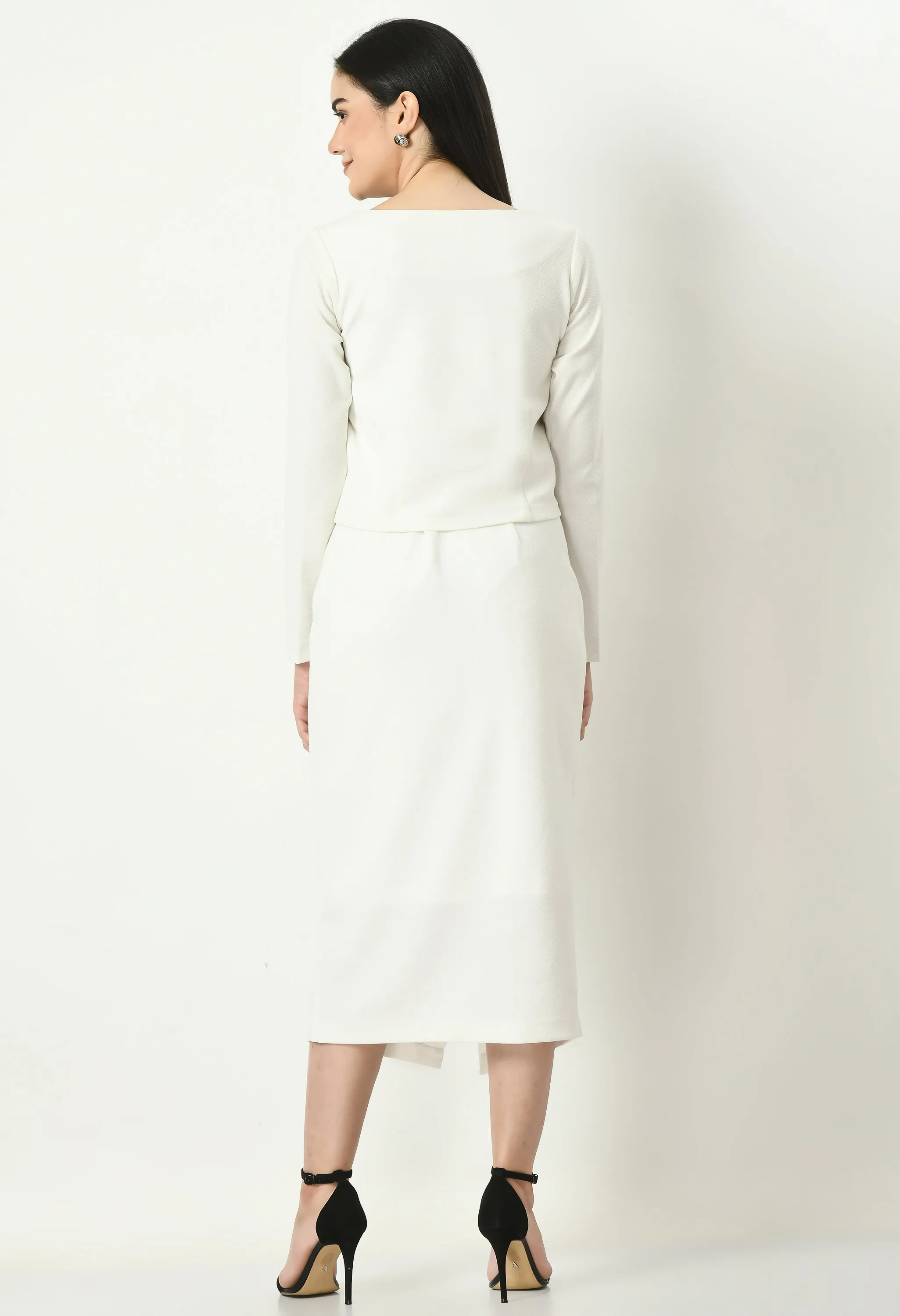 Exude Invincible Crop Blazer Top with Front Slit Midi Skirt (White)