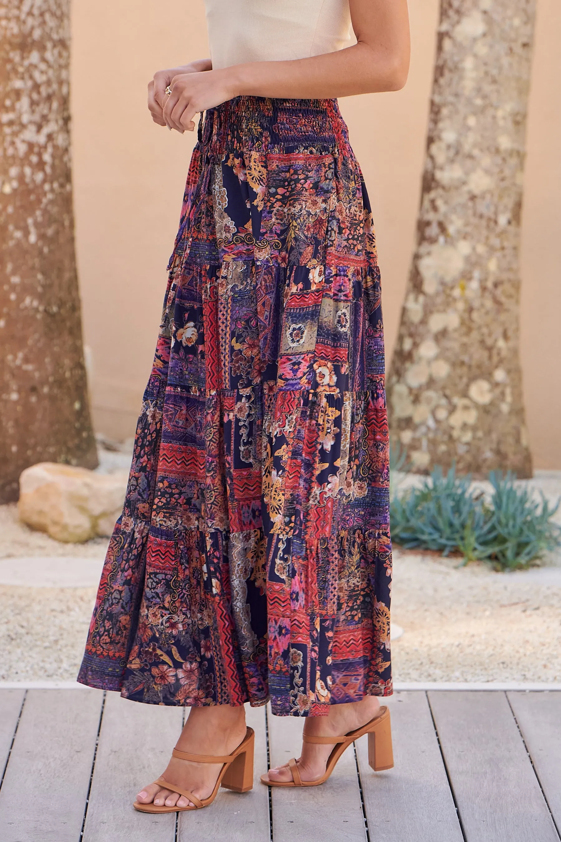 Fleur Navy/Pink Bohemian Print Maxi Skirt