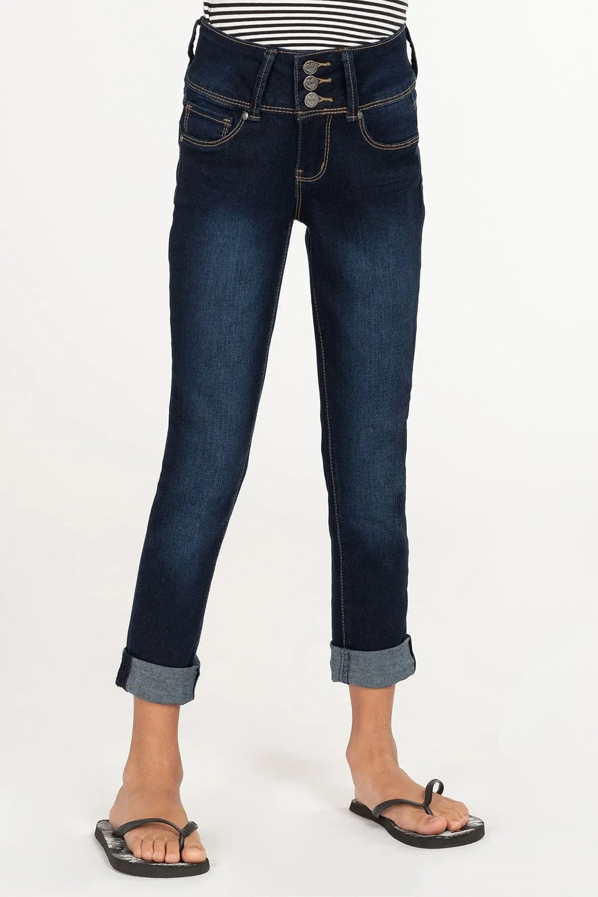 Girls Essential 3-Button Denim Skinny Jeans with Rolled Cuffs