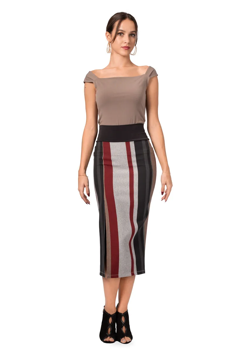 Grey Midi Striped Pencil Skirt With Slit