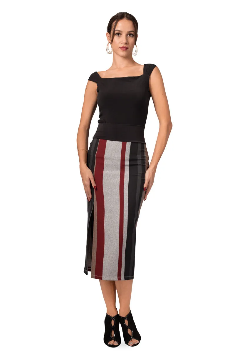 Grey Midi Striped Pencil Skirt With Slit